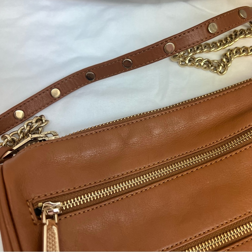 Rebecca Minkoff tan leather crossbody bag with zippers and gold details. - Picture 4 of 13